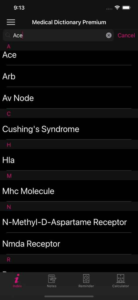 Uma lista de termos médicos e resultados de busca na interface do aplicativo móvel Medical Dictionary Premium