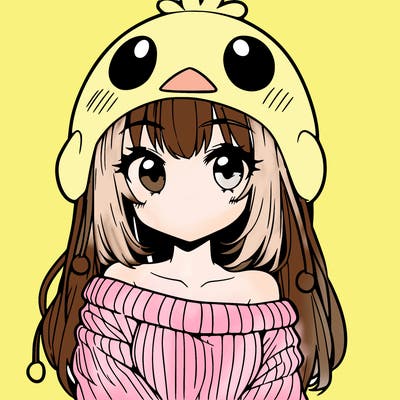 anime girl with chick shaped hat with sweater with bare shoulders with bangs covering them one eye with low tail