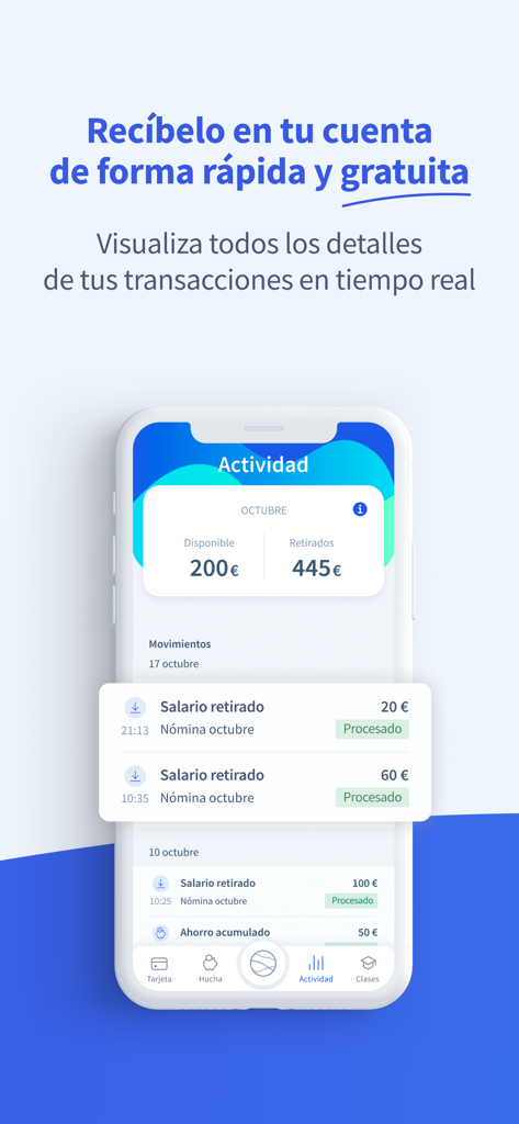 Mobile screen of the Payflow app showing real-time transaction history and salary withdrawals
