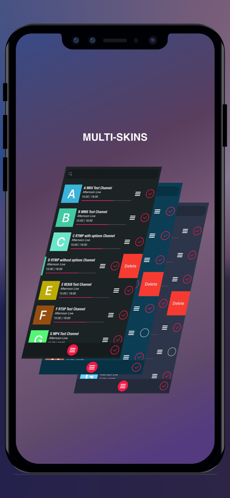 Interface de GSE SMART IPTV PRO montrant plusieurs options de skins d'interface utilisateur et des thèmes de liste de chaînes