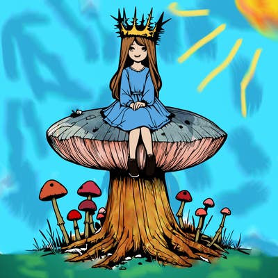 realistic girl sitting on a huge tree stump size toadstool with thorn crown