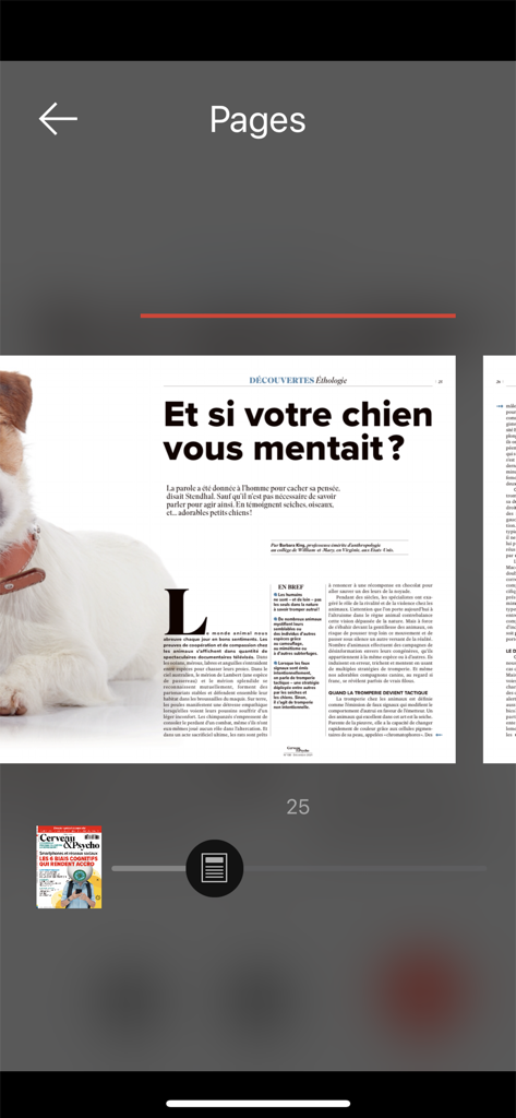 Cerveau & Psycho - Digital magazine reader in the Cerveau and Psycho app showing an article about animal behavior and psychology