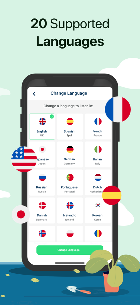 Text To Speech : Audio Books - スマートフォンインターフェース。テキスト読み上げ変換のために、国旗付きの20言語のリストが表示されている
