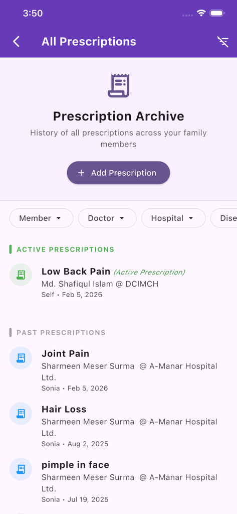 A list of active and past family prescriptions organized by member and medical condition in the app.