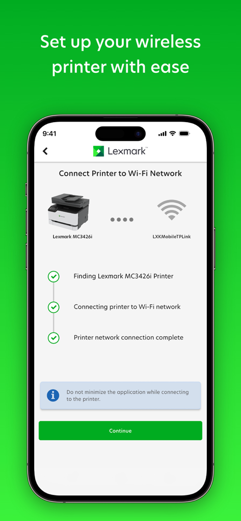 Lexmark - Interface do aplicativo Lexmark mostrando uma configuração de conexão de impressora sem fio bem-sucedida em uma tela de smartphone.