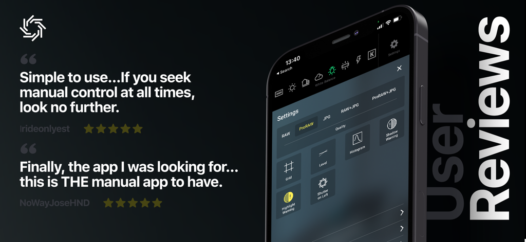 Manual Camera, Pro DSLR | RAW+ - Positive user reviews and settings interface for the Manual Camera Pro DSLR mobile app.