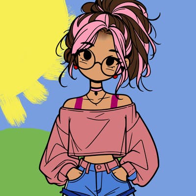girl with a messy ponytail glasses a baggy crop top and jean shorts
