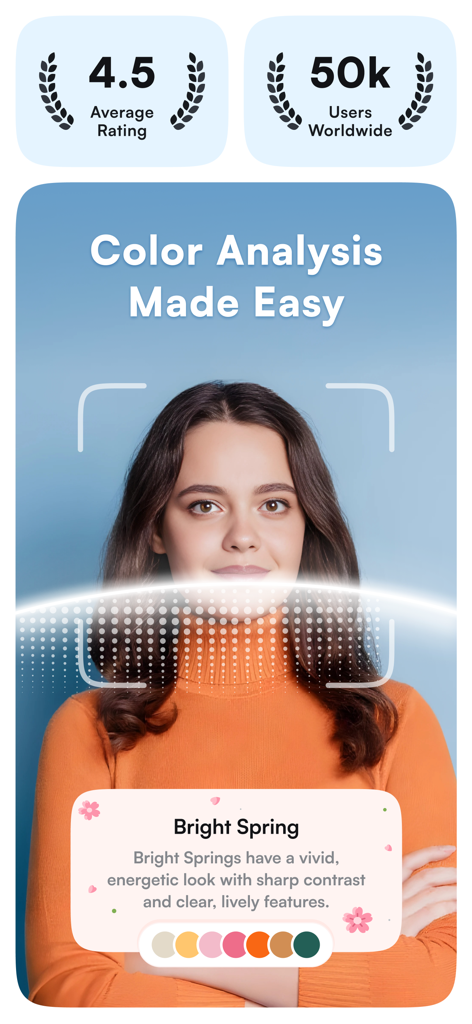 AI color analysis app interface showing Bright Spring seasonal palette results for a user