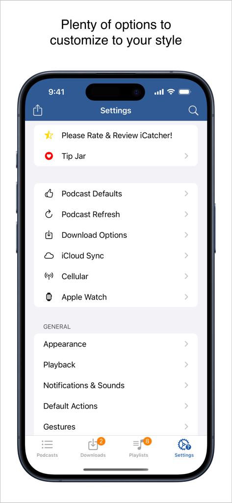 iCatcher! Podcast Player app settings menu featuring granular customization options for power users
