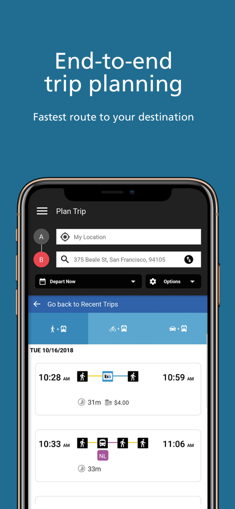 BART (Official) - The BART Official app trip planning screen showing multi-modal routes and estimated travel times in San Francisco