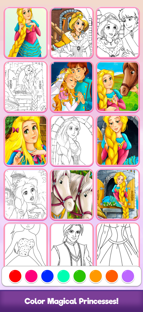 Magic Princess Coloring Book . - A selection grid of fairytale coloring pages featuring princesses and princes with a colorful paint palette at the bottom
