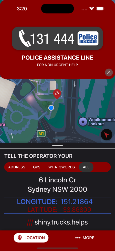 Emergency Plus - Emergency Plus app screen showing the Police Assistance Line number and precise GPS location coordinates in Sydney including what3words address.