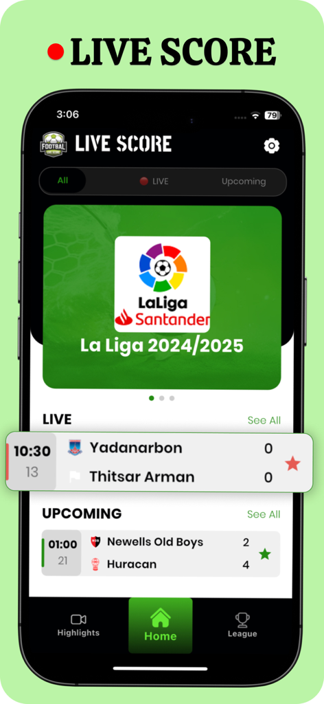 Kick Off - Football Live Match - Interfaz de la aplicación de fútbol Kick Off mostrando marcadores en vivo y próximos partidos de La Liga y otras ligas