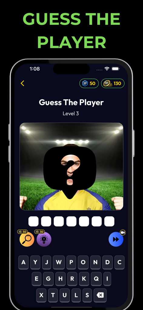 Mobile app interface of Guess The Player mode showing a hidden athlete and letter tiles for football trivia