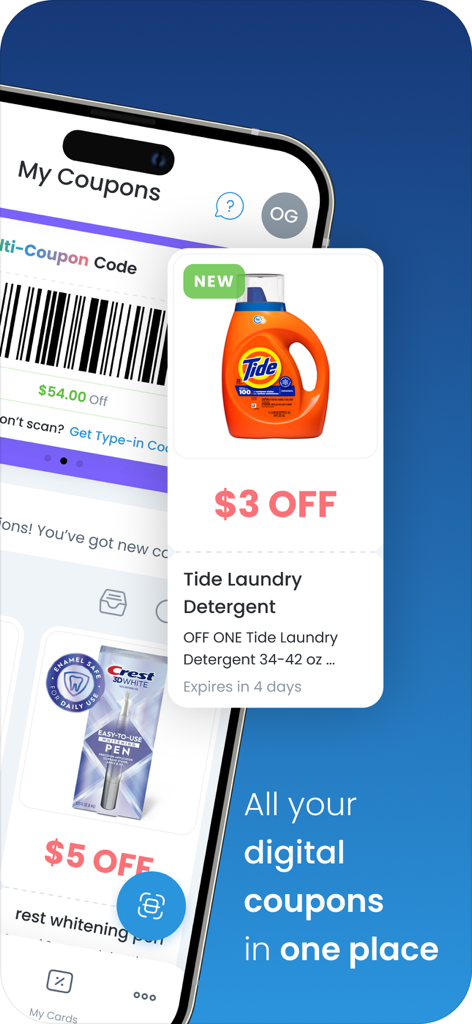 Coupon24 app displaying digital manufacturer coupons for Tide and Crest with a barcode for easy scanning