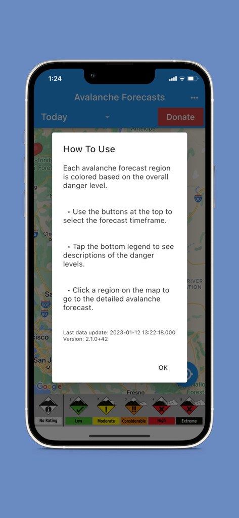 Avalanche Forecasts - Tutorial popup on the Avalanche Forecasts app showing how to read the color coded danger levels on the map