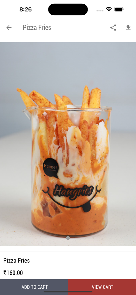 Hangries - Interfaz de la aplicación Hangries que muestra el elemento del menú de pizza y papas fritas con el precio y el botón para agregar al carrito