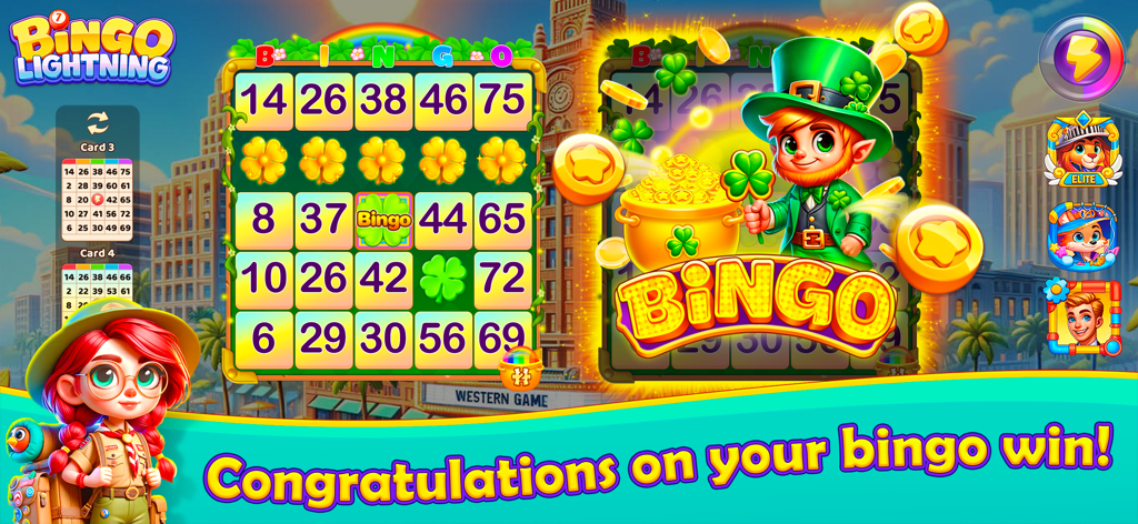 Bingo Lightning - Una colorida pantalla de victoria en Bingo Lightning con un personaje de duende y una exploradora.