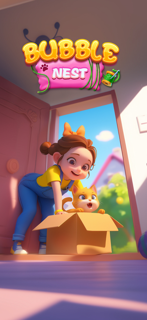 A girl and her orange cat in a cardboard box from the Bubble Nest game