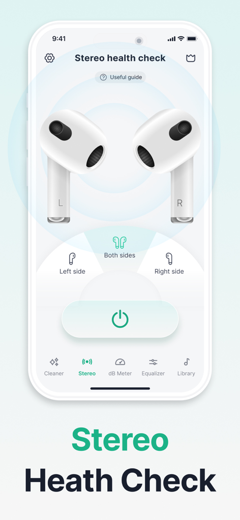 WaveTune - Speaker Cleaner - Interfaz de la app WaveTune mostrando la función de Comprobación de Estado del Estéreo con opciones de equilibrio de audio para auriculares inalámbricos