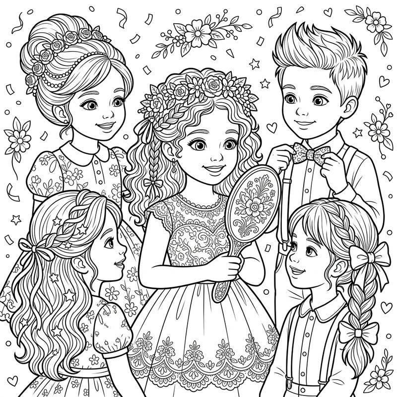 Celebrate the magic of a wedding day with this charming coloring page, showcasing children looking their best with beautifully styled hair. This delightful scene invites young artists to bring vibrant life to the joyous preparations.