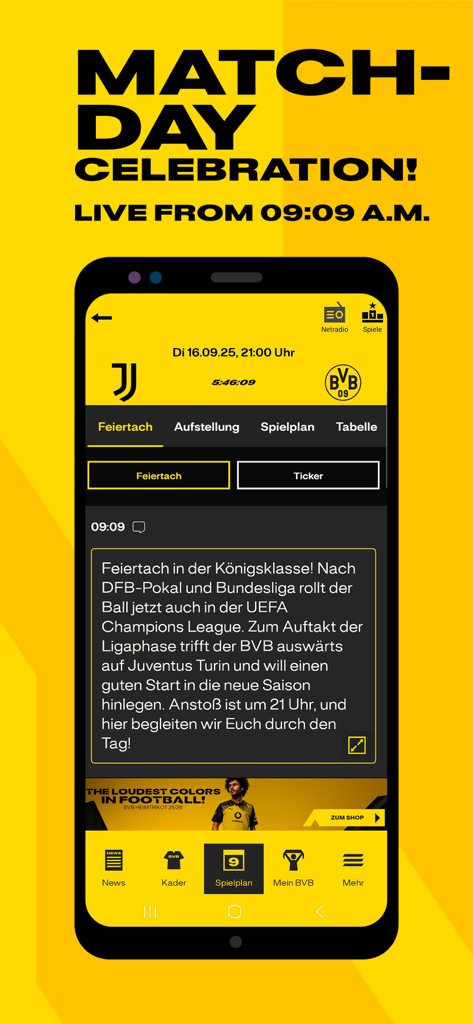 BVB - Offizieller BVB-App-Bildschirm, der einen Spieltags-Countdown und Live-Ticker für ein Spiel gegen Juventus Turin zeigt