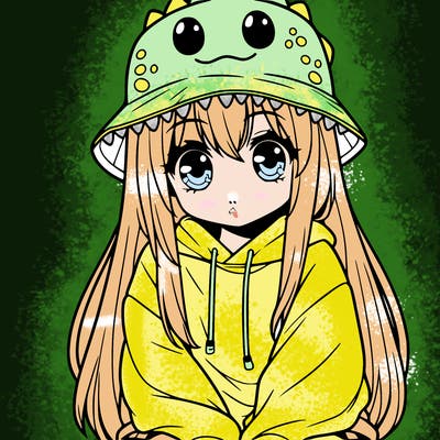 girl with anime shaped eyes with a dinosaur bucket hat oversized sweatshirt long straight hair