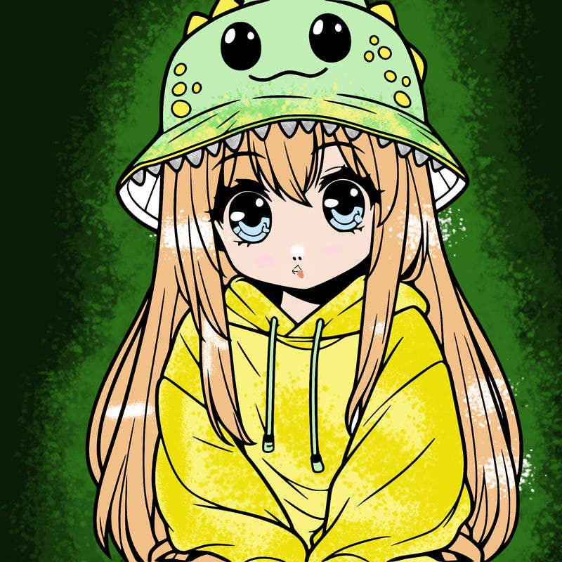 girl with anime shaped eyes with a dinosaur bucket hat oversized sweatshirt long straight hair