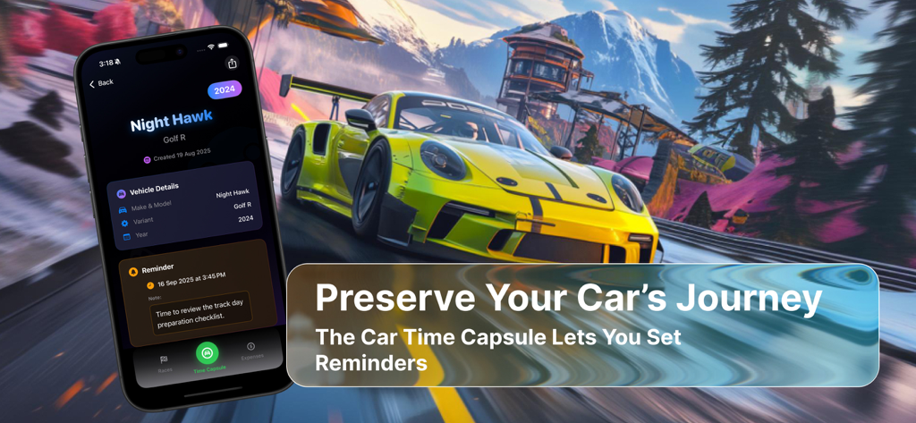 Unlimited Race Pro - A mobile phone displaying the Car Time Capsule feature of the Unlimited Race Pro app with a lime green racing car on a scenic track in the background.