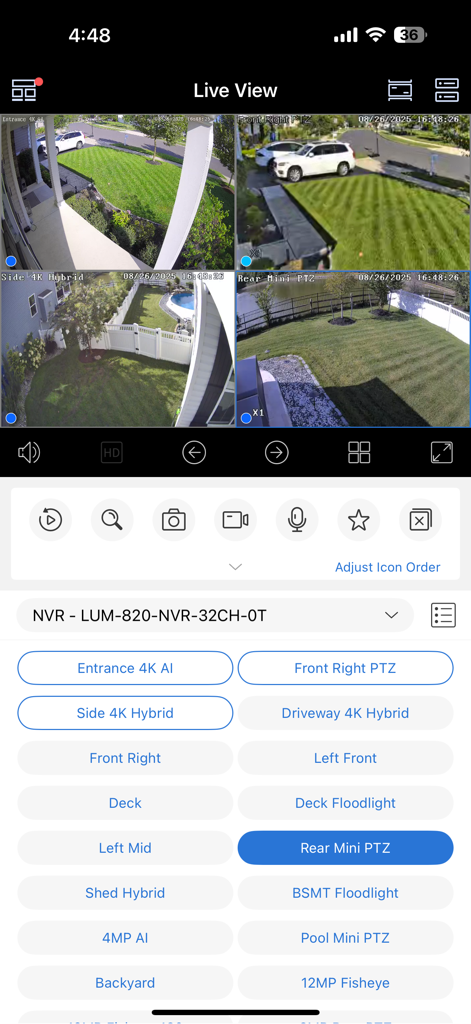 Luma View mobile app live feed interface showing four security camera views