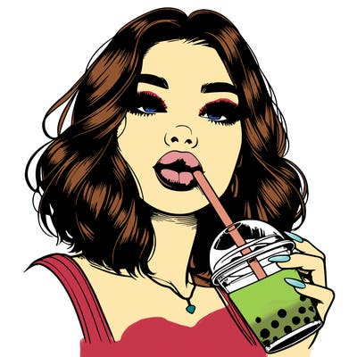 realistic girl with glossy lips holding boba
