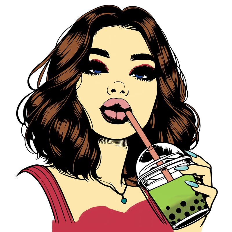 realistic girl with glossy lips holding boba