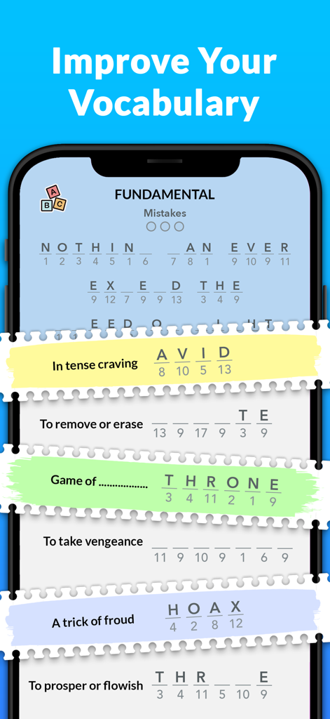 Figure it - Cryptogram Games - Uma tela de celular mostrando o jogo de criptograma Figure it com o texto Melhore Seu Vocabulário e várias pistas de palavras.