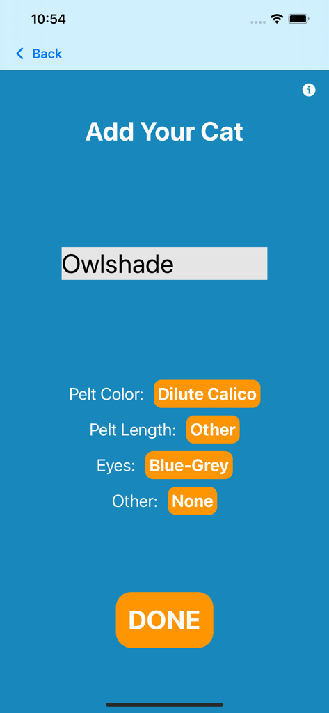 Clan Cat Generator - Uma tela no aplicativo Gerador de Gatos de Clã chamada Adicionar Seu Gato mostrando opções para personalizar um personagem chamado Owlshade com cores de pelagem e olhos.