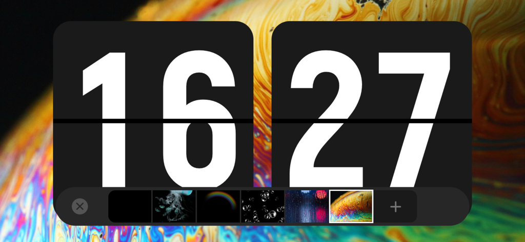 A digital flip clock interface displaying 16:27 with a vibrant abstract background and a customization menu for different themes.
