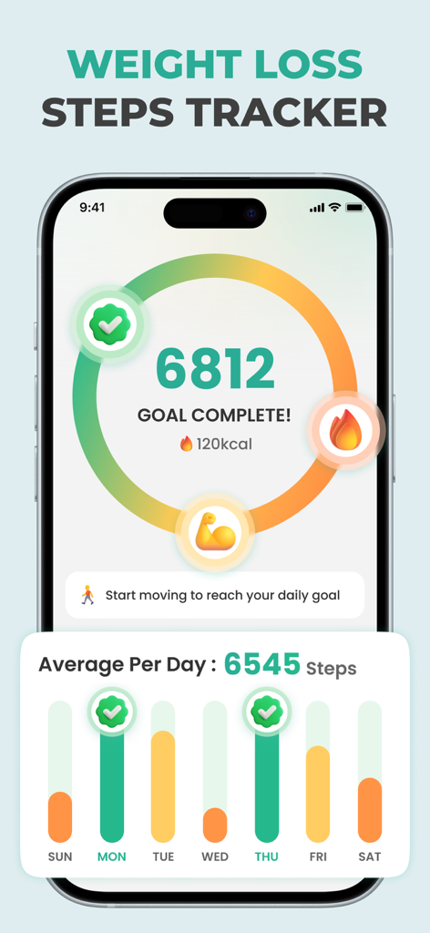 Rastreador de pasos de la aplicación Workout for Seniors que muestra objetivos diarios y un gráfico de progreso semanal.