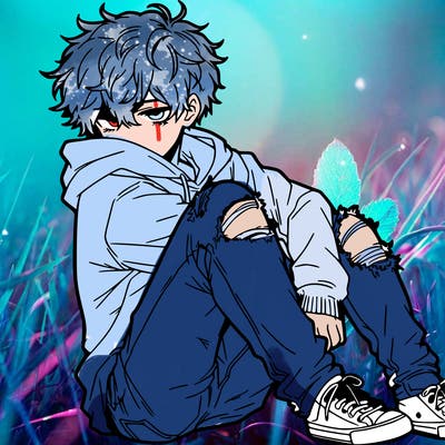 a male hoddie ripped jeans messy hair anime