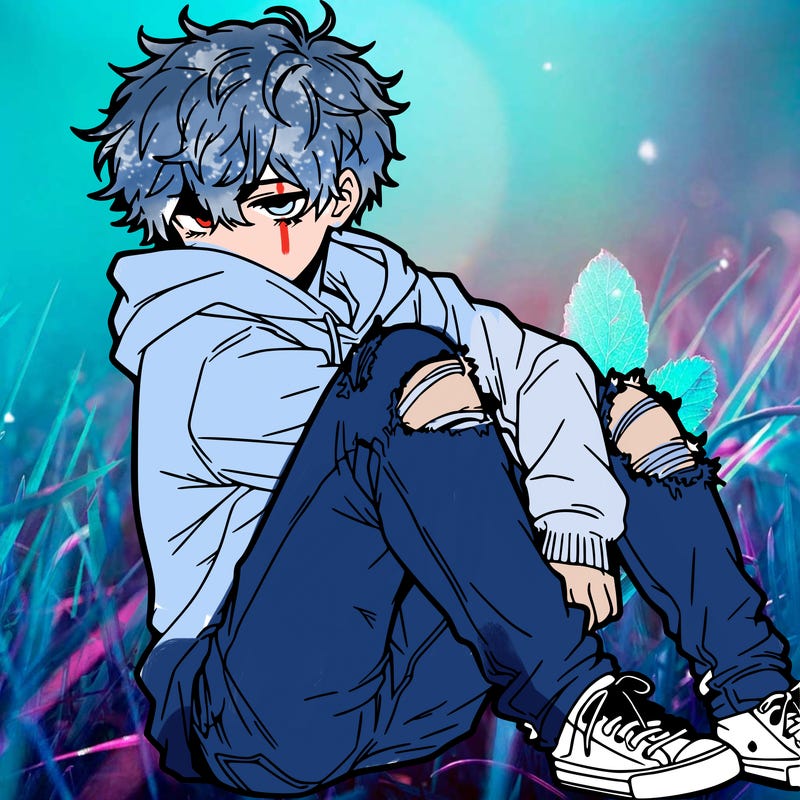 a male hoddie ripped jeans messy hair anime