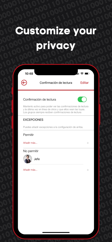 Criptoo - Uma tela de smartphone exibindo as configurações de privacidade do Criptoo para habilitar ou desabilitar confirmações de leitura com exceções de contatos específicos
