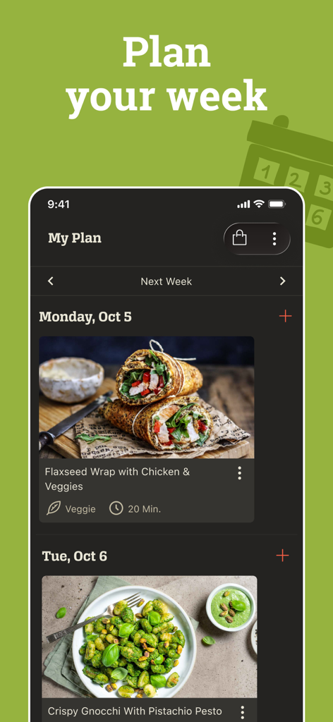 KptnCook Recipes & Cooking - KptnCook weekly meal planner interface with chicken wrap and gnocchi recipes