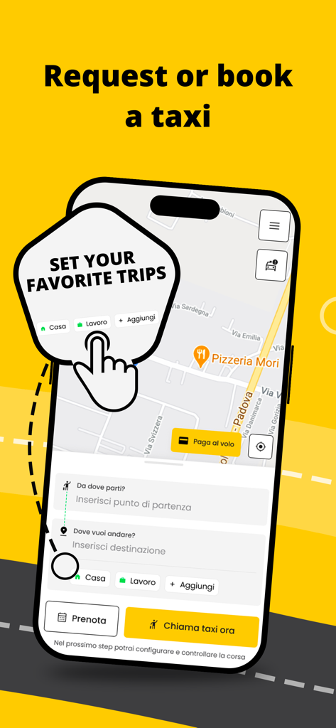 appTaxi - Book and Pay Taxis - appTaxi mobile Benutzeroberfläche zur Buchung einer Fahrt und Festlegung von bevorzugten Zielen