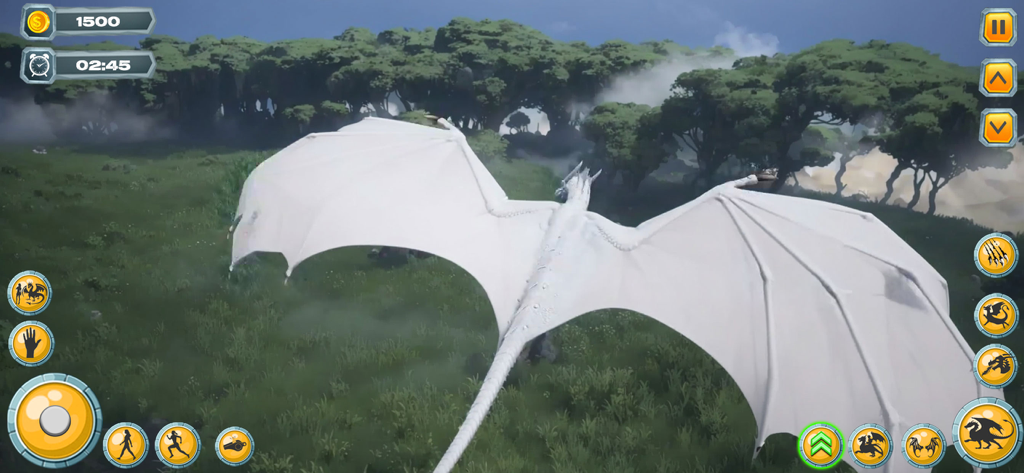 Rise of Dragon : Family Quest - A large white dragon flies over a lush green forest landscape in Rise of Dragon Family Quest