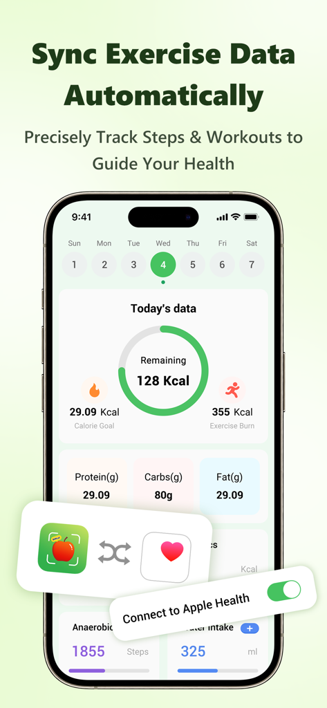 Hit Calorie 앱 인터페이스에서 운동 데이터 동기화 및 Apple Health와의 통합을 보여주는 기능