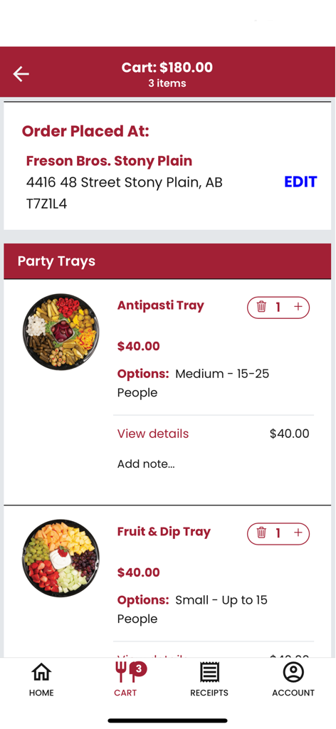 Freson Bros. - The Freson Bros mobile app shopping cart screen showing a selection of party trays for an order ahead pickup