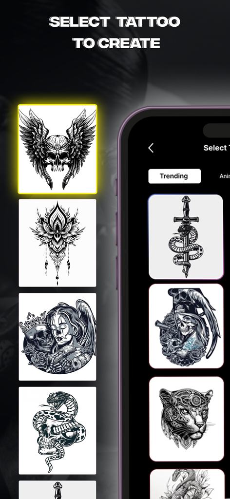Draw Tattoo with Ink : AR - A collection of black and white tattoo templates including skulls snakes and geometric patterns in the Draw Tattoo mobile app interface