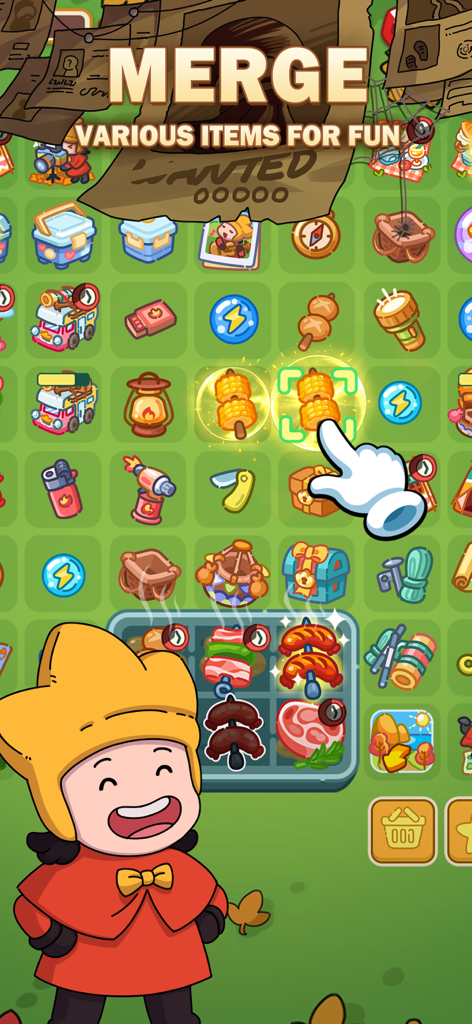 Una mano fusionando dos mazorcas de maíz en un colorido tablero de puzles en el juego móvil Dream Detective.