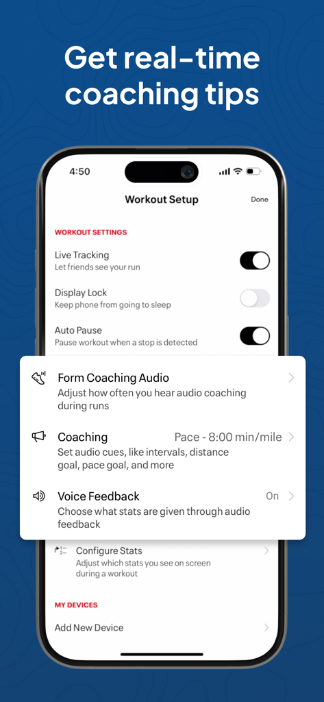 Map My Fitness app workout setup screen showing real-time coaching tips and audio feedback settings