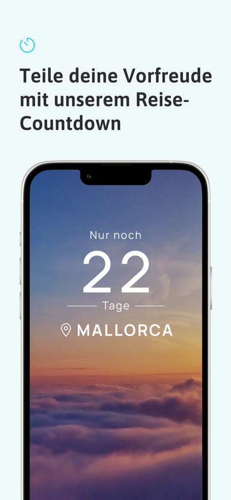 Urlaubsguru - Reisen & Urlaub - Schermata di uno smartphone che mostra il conto alla rovescia del viaggio dell'app Urlaubsguru per un viaggio a Maiorca