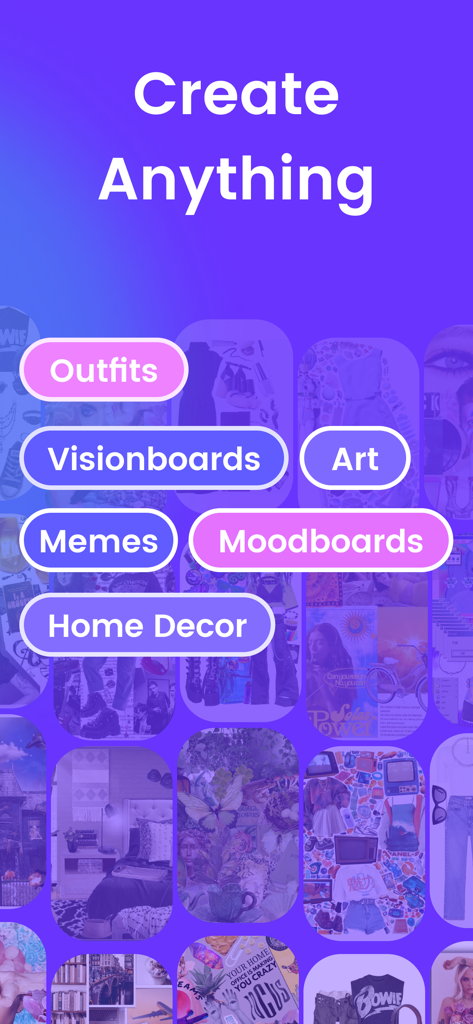 ShopLook - Outfit Maker - ShopLook app screen showing creative categories like outfits visionboards moodboards and home decor
