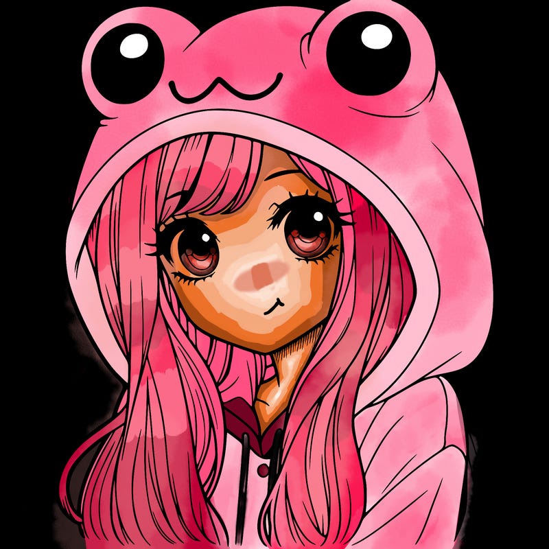 a pretty girl wearing a frog hoodie portrait with long hair